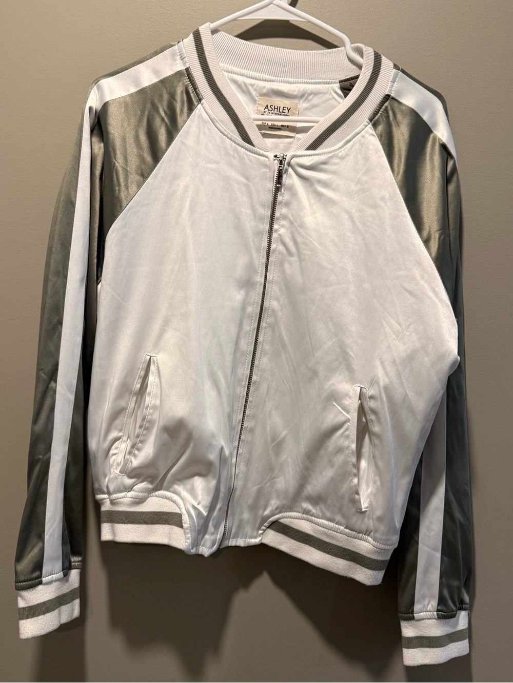 Ashley By 26 International White Bomber Jacket with Silver Sleeves